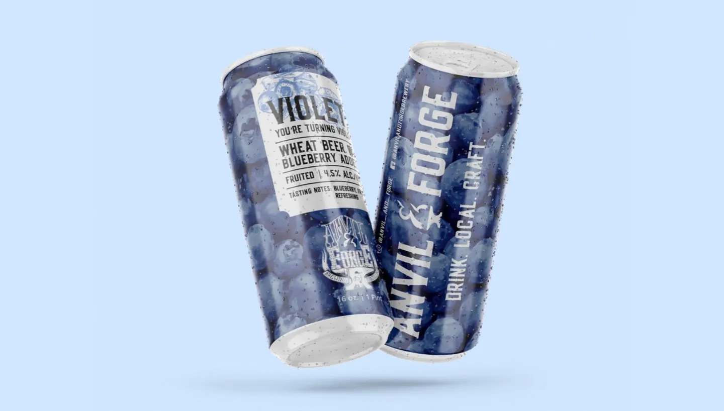 Anvil & Forge craft beer can packaging with a blue paint splash design