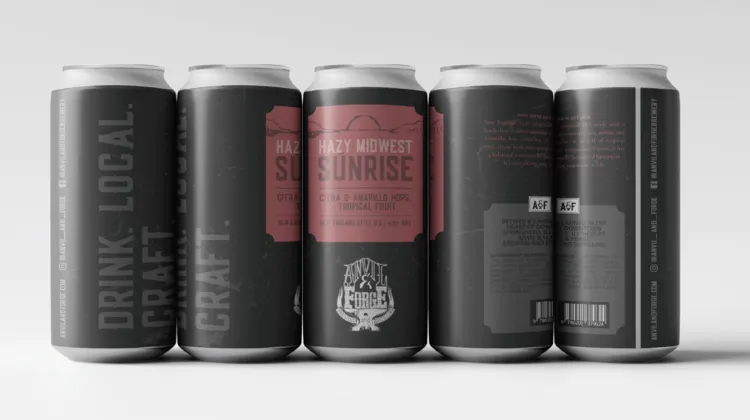 A lineup of Anvil & Forge beer cans with a coordinated black packaging system