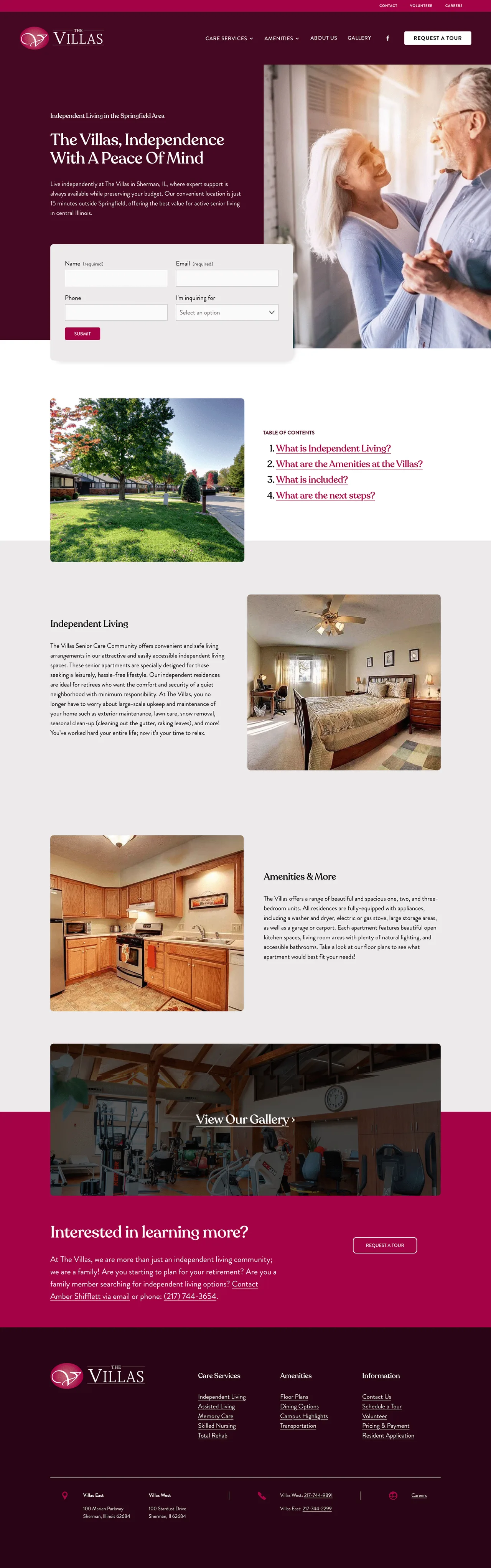 Full redesigned Villas independent living page, including amenities, care information, and contact details